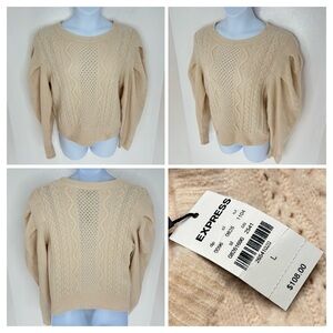 EXPRESS NWT Cream Cozy Cable Knit Puff Sleeve Sweater Large Wool Blend‎ Soft